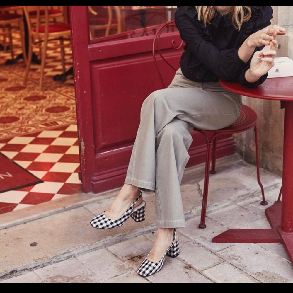 Block heel sling back with gingham pattern